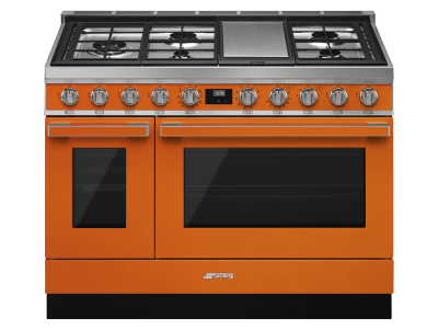48" SMEG Cooker Portofino Freestanding Professional Dual Fuel Range with 5 Burners in Orange - CPF48UGMOR