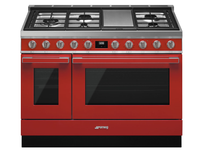 48" SMEG Cooker Portofino Freestanding Professional Dual Fuel Range with 5 Burners in Red - CPF48UGMR