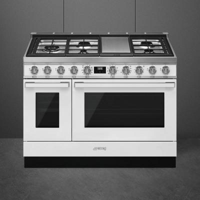 48" SMEG Cooker Portofino Freestanding Professional Dual Fuel Range with 5 Burners in White - CPF48UGMWH