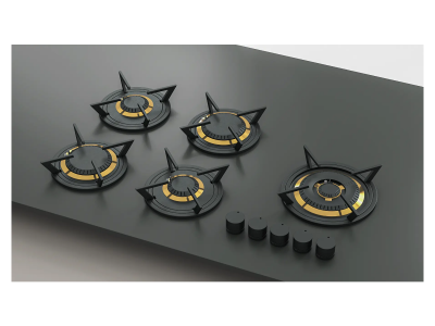 34" Tulip East Series 55650 BTU Modular Gas Cooktop with Five Sealed Burner Brass Trim with Black Knobs - 19611
