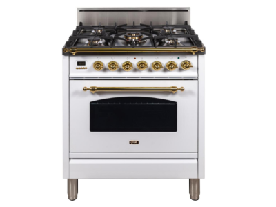 30" ILVE Nostalgie Collection Natural Gas Freestanding Range with Brass Trim in White - UPN76DVGGB