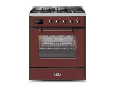 30" ILVE Majestic II Dual Fuel Liquid Propane Freestanding Range with Bronze Trim in Burgundy - UM30DNE3BUB-LP