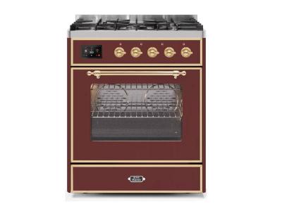 30" ILVE Majestic II Dual Fuel Natural Gas Freestanding Range with Brass Trim in Burgundy  - UM30DNE3BUG-NG