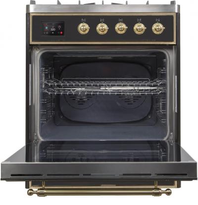 30" ILVE Majestic II Dual Fuel Freestanding Range with Brass Trim in Glossy Black  - UM30DNE3BKG-LP