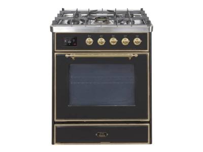 30" ILVE Majestic II Dual Fuel Freestanding Range with Brass Trim in Glossy Black  - UM30DNE3BKG-LP