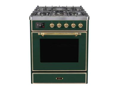 30" ILVE Majestic II Dual Fuel Freestanding Range with Brass Trim in Emerald Green  - UM30DNE3EGG-LP