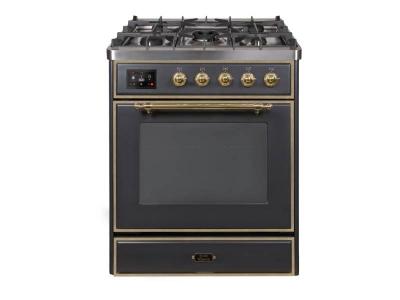 30" ILVE Majestic II Dual Fuel Freestanding Range with Brass Trim in Matte Graphite  - UM30DNE3MGGLP