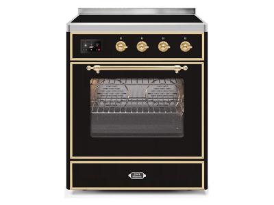 30" ILVE Majestic II Electric Freestanding Range with Brass Trim in Glossy Black - UMI30NE3BKG