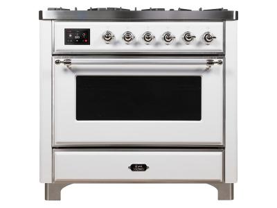 36" ILVE Majestic II Dual Fuel Natural Gas Freestanding Range with Chrome Trim  in White  - UM09FDNS3WHC-NG