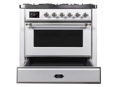 36" ILVE Majestic II Dual Fuel Natural Gas Freestanding Range with Chrome Trim  in White  - UM09FDNS3WHC-NG