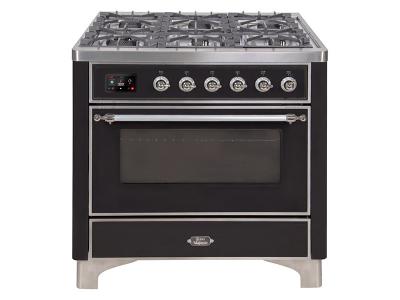 36" ILVE Majestic II Dual Fuel Freestanding Range with Chrome Trim  in Glossy Black  - UM09FDNS3BKC-LP