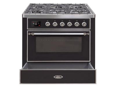 36" ILVE Majestic II Dual Fuel Freestanding Range with Chrome Trim  in Glossy Black  - UM09FDNS3BKC-LP