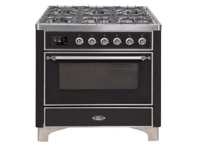 36" ILVE Majestic II Dual Fuel Freestanding Range with Chrome Trim  in Glossy Black  - UM09FDNS3BKC-NG
