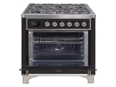 36" ILVE Majestic II Dual Fuel Freestanding Range with Chrome Trim  in Glossy Black  - UM09FDNS3BKC-NG