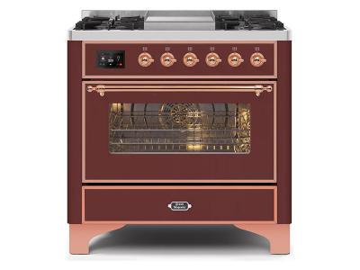 36" ILVE Majestic II Dual Fuel Range with Copper Trim in Burgundy - UM09FDNS3BUP-NG