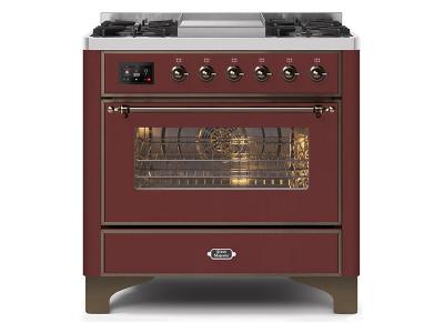 36" ILVE Majestic II Dual Fuel Freestanding Range with Bronze Trim in Burgundy - UM09FDNS3BUB-NG