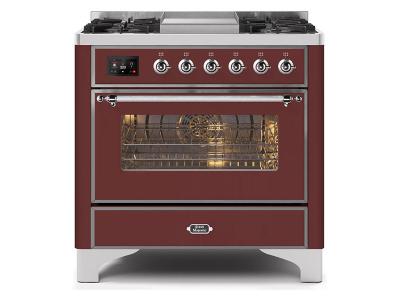 36" ILVE Majestic II Dual Fuel Range with Chrome Trim in Burgundy - UM09FDNS3BUC-NG