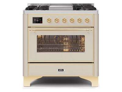 36" ILVE Majestic II Dual Fuel Range in Antique White with Brass Trim - UM09FDNS3AWG-NG