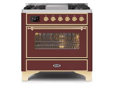 36" ILVE Majestic II Dual Fuel Range in Burgundy with Brass Trim - UM09FDNS3BUG-NG