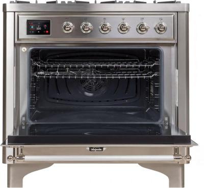 36" ILVE Majestic II Dual Fuel Liquid Propane Freestanding Range with Chrome Trim  in Stainless Steel  - UM09FDNS3/SSC LP