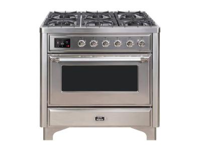 36" ILVE Majestic II Dual Fuel Natural Gas Freestanding Range with Chrome Trim in Stainless Steel - UM09FDNS3/SSC NG