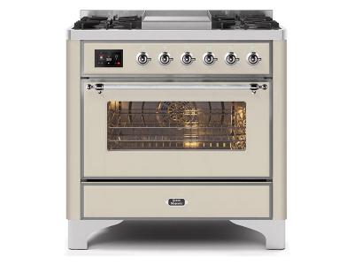 36" ILVE Majestic II Dual Fuel Range with Chrome Trim in Antique White - UM09FDNS3AWC-NG