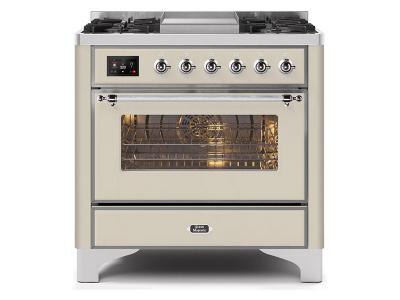 36" ILVE Majestic II Dual Fuel Range with Chrome Trim in Antique White - UM09FDNS3AWC-LP