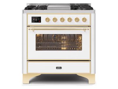 36" ILVE Majestic II Dual Fuel Range in White with Brass Trim - UM09FDNS3WHG-NG