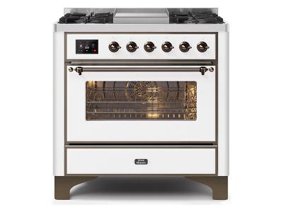 36" ILVE Majestic II Dual Fuel Freestanding Range With Bronze Trim In White - UM09FDNS3WHB-NG