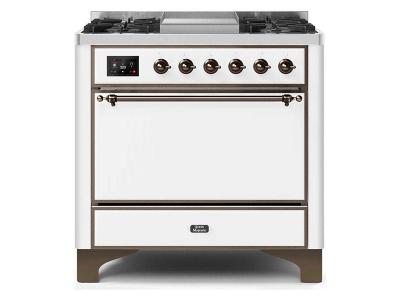 36" ILVE Majestic II Dual Fuel Freestanding Range With Bronze Trim In White - UM09FDQNS3WHB-NG