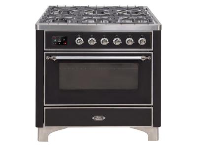 36" ILVE Majestic II Dual Fuel Freestanding Range with Chrome Trim in Glossy Black - UM096DNS3BKC-NG