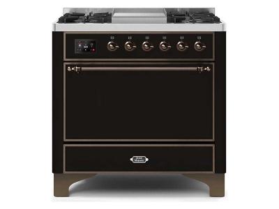 36" ILVE Majestic II Dual Fuel Range with Bronze Trim in  Glossy Black - UM09FDQNS3BKB-LP