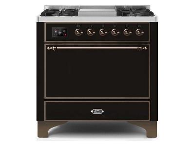 36" ILVE Majestic II Dual Fuel Range with Bronze Trim in  Glossy Black - UM09FDQNS3BKB-NG