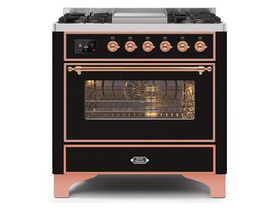 36" ILVE Majestic II Dual Fuel Range with Copper Trim in Glossy Black - UM09FDNS3BKP-NG