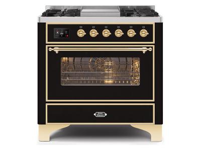 36" ILVE Majestic II Dual Fuel Range in Glossy Black with Brass Trim - UM09FDNS3BKG-NG