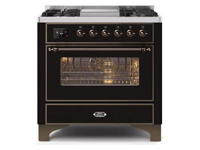 36" ILVE Majestic II Dual Fuel Freestanding Range With Bronze Trim In Glossy Black - UM09FDNS3BKB-NG