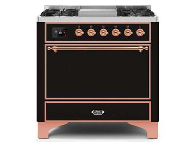 36" ILVE Majestic II Dual Fuel Range with Copper Trim in Glossy Black - UM09FDQNS3BKP-NG