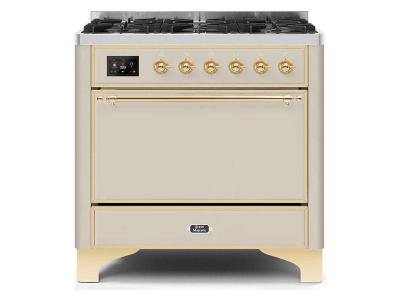 36" ILVE Majestic II Dual Fuel Range with Brass Trim in Antique White - UM096DQNS3AWG-LP