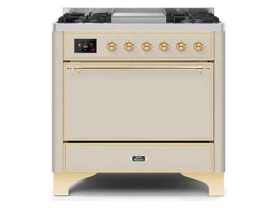 36" ILVE Majestic II Dual Fuel Range with Brass Trim in Antique White - UM09FDQNS3AWG-NG