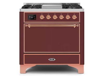 36" ILVE Majestic II Dual Fuel Range with Copper Trim in Burgundy - UM09FDQNS3BUP-NG