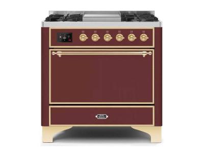 36" ILVE Majestic II Dual Fuel Range with Brass Trim in Burgundy - UM09FDQNS3BUG-NG