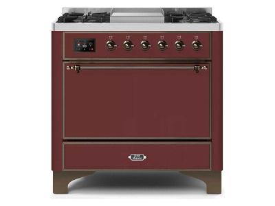 36" ILVE Majestic II Dual Fuel Freestanding Range With Bronze Trim In Burgundy - UM09FDQNS3BUB-LP