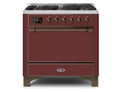 36" ILVE Majestic II Dual Fuel Freestanding Range With Bronze Trim In Burgundy - UM096DQNS3BUB-NG