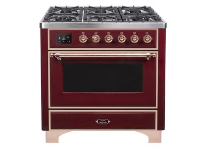 36" ILVE Majestic II Dual Fuel Freestanding Range with Copper Trim in Burgundy  - UM096DNS3BUP-LP