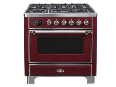 36" ILVE Majestic II Dual Fuel Freestanding Range with Chrome Trim in Burgundy - UM096DNS3BUC-NG