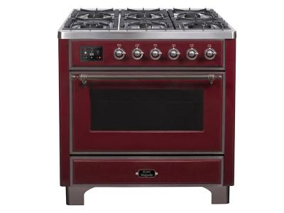 36" ILVE Majestic II Dual Fuel Freestanding Range With Bronze Trim In Burgundy - UM096DNS3BUB-NG