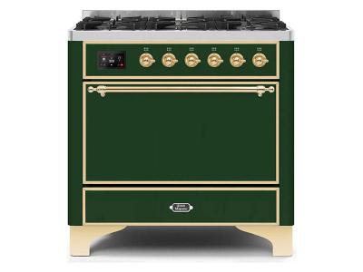 36" ILVE Majestic II Dual Fuel Range with Brass Trim in Emerald Green  - UM096DQNS3EGG-NG