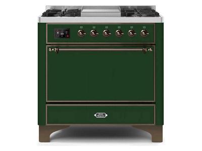 36" ILVE Majestic II Dual Fuel Freestanding Range With Bronze Trim In Emerald Green - UM09FDQNS3EGB-LP