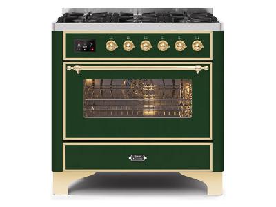 36" ILVE Majestic II Dual Fuel Range in Emerald Green with Brass Trim - UM096DNS3EGG-NG