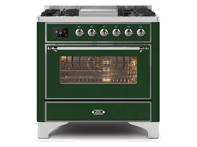 36" ILVE Majestic II Dual Fuel Range with Chrome Trim in Emerald Green - UM09FDNS3EGC-LP